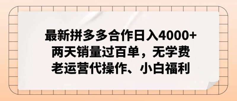 拼多多最新合作日入4000+两天销量过百单，无学费、老运营代操作、小白福利-云创智库