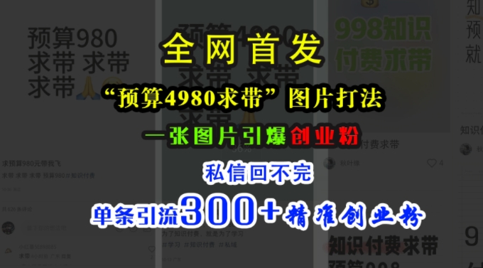 小红书“预算4980带我飞”图片打法，一张图片引爆创业粉，私信回不完，单条引流300+精准创业粉-云创智库