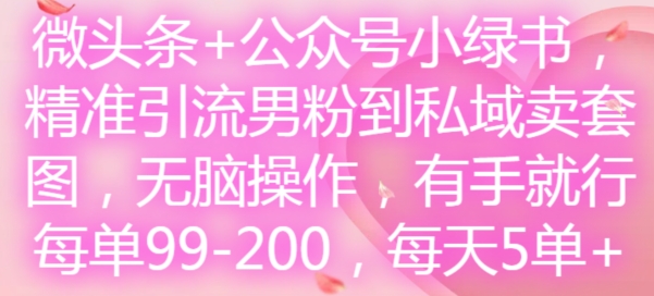 微头条+公众号小绿书，精准引流男粉到私域卖套图，无脑操作，有手就行，每单99-200，每天5单-云创智库