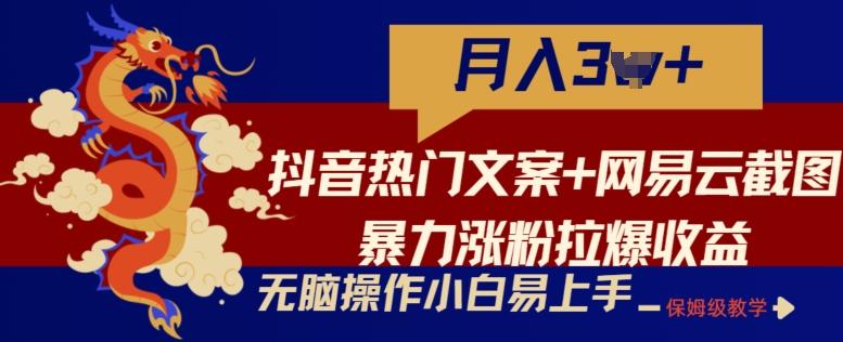 抖音热门文案+网易云截图暴力涨粉拉爆收益玩法，小白无脑操作，简单易上手【揭秘】-云创智库