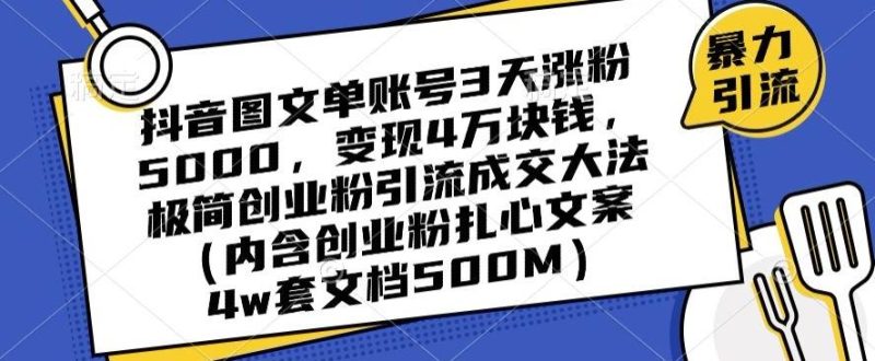 抖音图文单账号3天涨粉5000，变现4万块钱，极简创业粉引流成交大法-云创智库