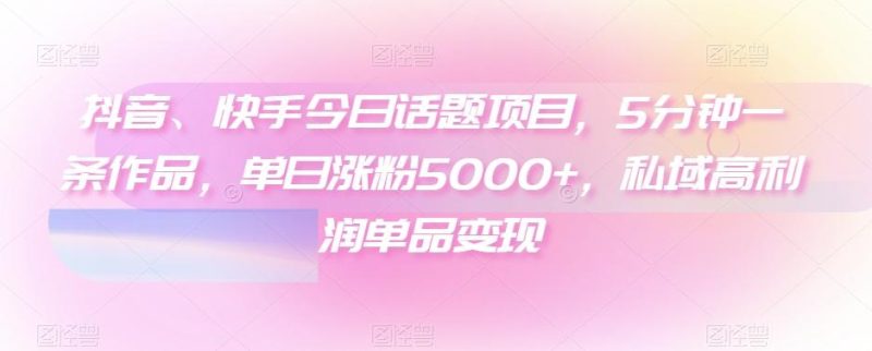 抖音、快手今日话题项目，5分钟一条作品，单日涨粉5000+，私域高利润单品变现-云创智库