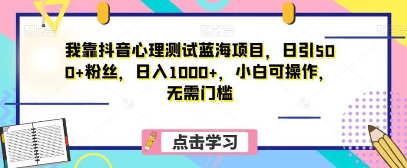 我靠抖音心理测试蓝海项目，日引500+粉丝，日入1000+，小白可操作，无需门槛（附3G素材）-云创智库