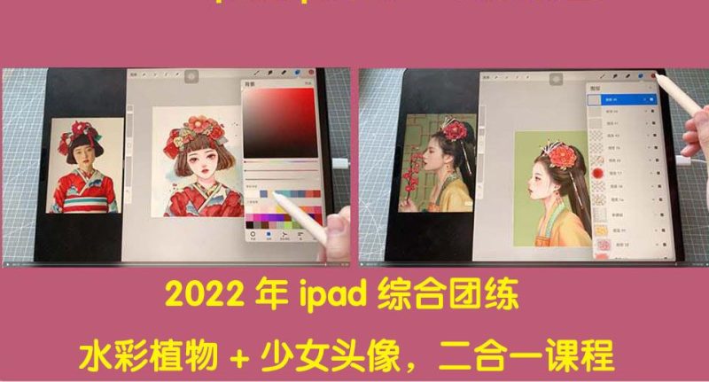 （4002期）2022年ipad综合团练水彩植物+少女头像，二合一课程（40节课）-云创智库