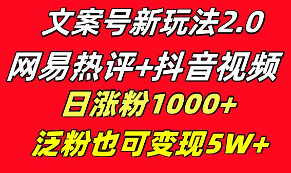 （8484期）文案号新玩法 网易热评+抖音文案 一天涨粉1000+ 多种变现模式 泛粉也可变现-云创智库