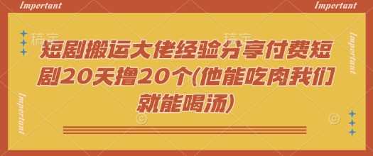 短剧搬运大佬经验分享付费短剧20天撸20个(他能吃肉我们就能喝汤)-云创智库