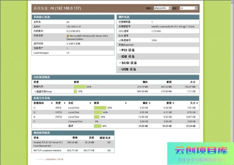 [PHP]phpSysInfo服务器监控 v3.4.2-云创智库