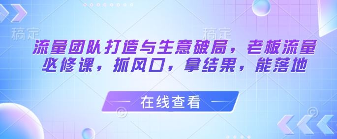 流量团队打造与生意破局，老板流量必修课，抓风口，拿结果，能落地-云创智库