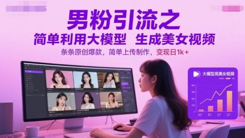男粉引流之简单利用大模型生成美女视频，条条原创爆款，简单上传制作，变现日1k+-云创智库