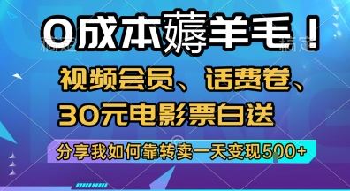 0成本薅羊毛!视频会员、话费卷、30元电影票白送，分享我如何靠转卖一天变现5张+【揭秘】-云创智库