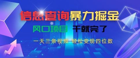 信息查询暴力掘金，一天三条视频，轻松变现四位数，风口项目干就完了【揭秘】-云创智库