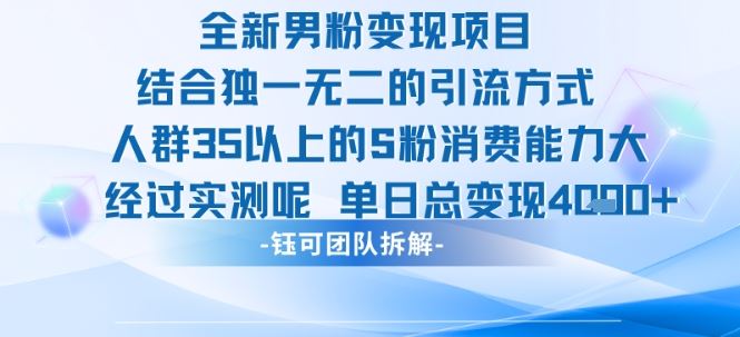 全新男粉变现项目引流人群35以上的男粉消费能力大 经过实测单日变现1k+-云创智库