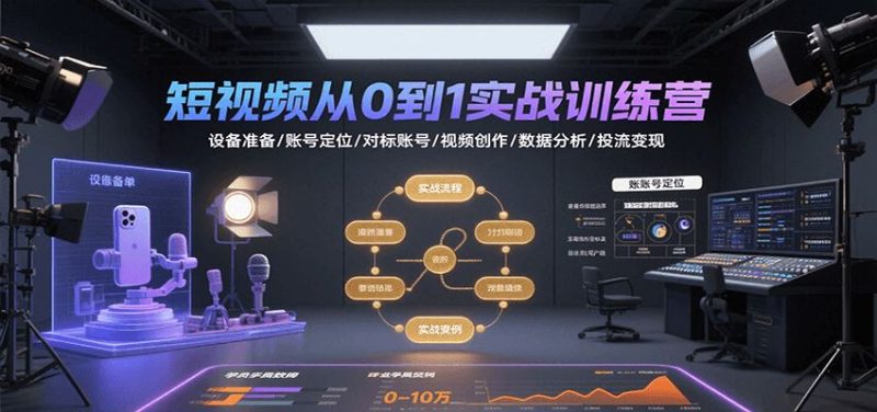 短视频从0到1实战训练营：设备准备/账号定位/对标账号/视频创作/数据分析/投流变现-云创智库