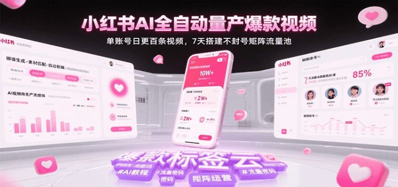 小红书AI全自动量产爆款视频，单账号日更百条视频，7天搭建不封号矩阵流量池-云创智库