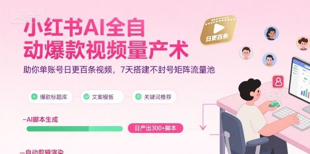 小红书AI全自动爆款视频量产术，助你单账号日更百条视频，7天搭建不封号矩阵流量池-云创智库