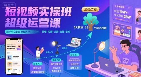 短视频实操班超级运营课，新手小白到短视频大神必修课程，剪辑-拍摄-运营-直播-变现-云创智库