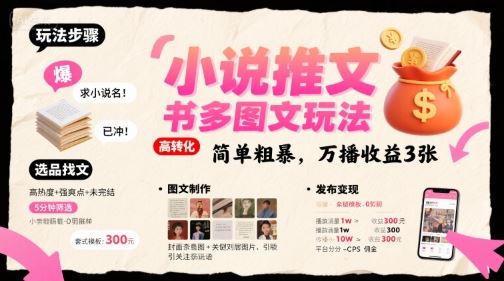 小说推文小红书多图文玩法，简单粗暴，万播收益3张-云创智库