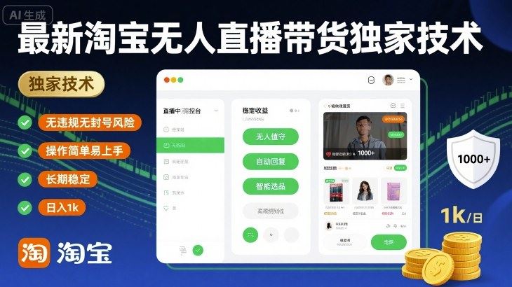 最新淘宝无人直播带货独家技术，无违规无封号风险，操作简单易上手，长期稳定日入1k【揭秘】-云创智库