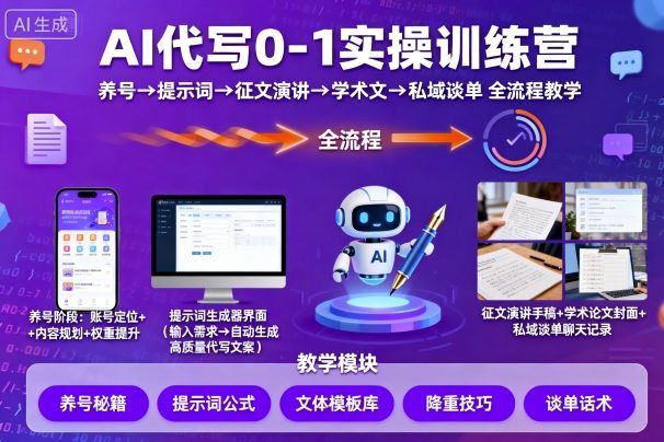 AI代写0-1实操训练营，从养号、提示词、征文演讲、学术文，到私域谈单的全流程教学-云创智库