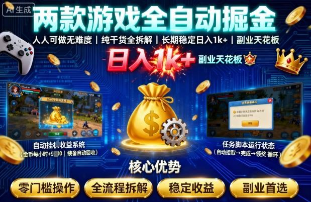 两款游戏全自动掘金，人人可做无难度，纯干货全拆解，长期稳定，日入1k+，副业天花板【揭秘】-云创智库