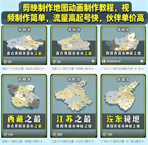 剪映制作地图动画制作教程，视频制作简单，流量高起号快，伙伴单价高-云创智库