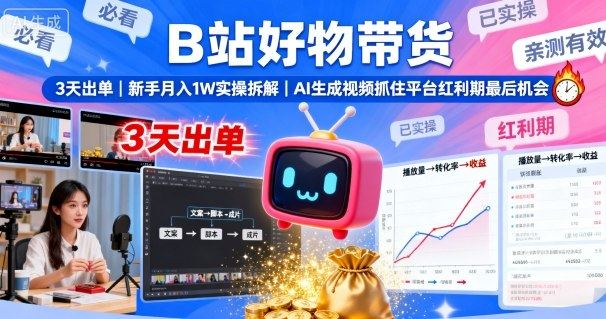 B站好物带货，3天出单，新手月入1W实操拆解，AI生成视频，抓住平台红利期最后机会-云创智库