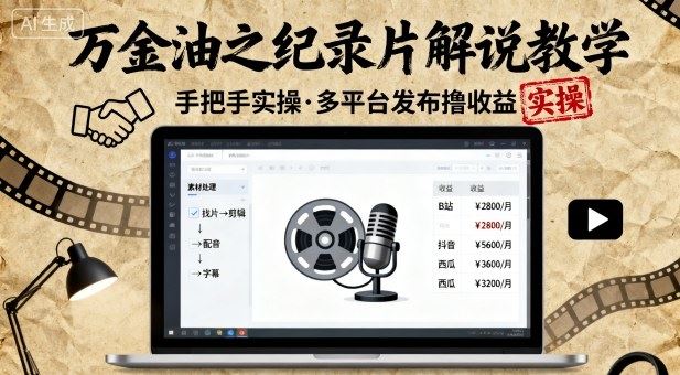 万金油之纪录片解说教学，手把手教你，完全实操，多平台发布撸收益-云创智库