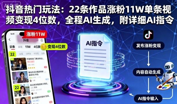 抖音热门玩法：22条作品涨粉11W单条视频变现4位数，全程AI生成，附详细AI指令-云创智库