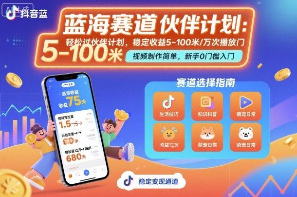抖音蓝海赛道，轻松过伙伴计划，视频制作简单，万次播放收益在5-100米，稳定收益-云创智库