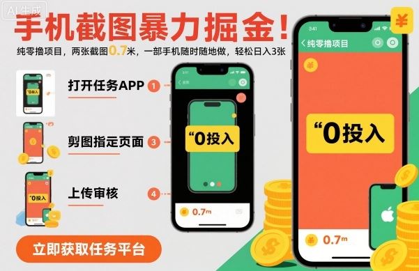 手机截图暴力掘金，两张截图0.7米，一部手机就能做，轻松日入3张【揭秘】-云创智库