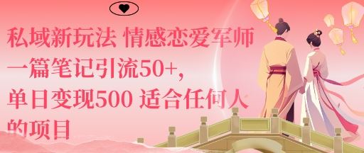 私域新玩法情感恋爱军师一篇笔记引流50+，单日变现5张适合任何人的项目-云创智库