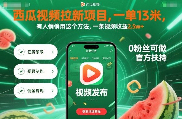 西瓜视频拉新项目，一单13米，有人悄悄用这个方法，一条视频收益2.5w+（附详细教程）-云创智库