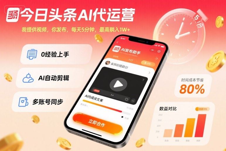 今日头条AI代运营，我提供视频，你发布，每天5分钟，最高躺入1W+【揭秘】-云创智库