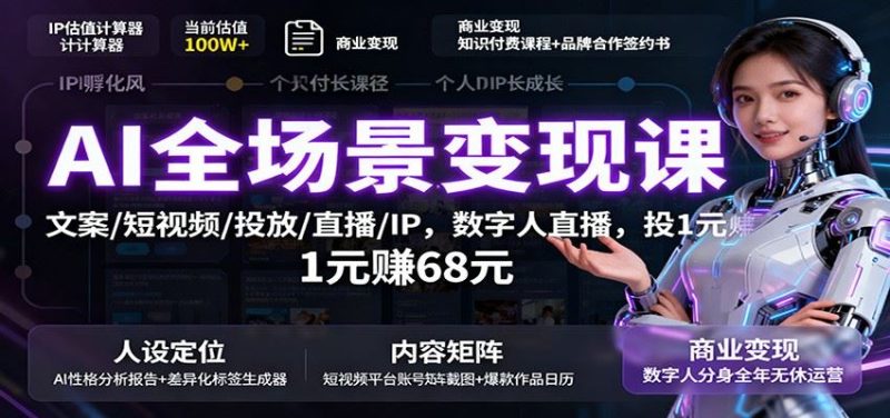 AI全场景变现课：文案/短视频/投放/直播/IP，数字人直播，投1元赚68元-云创智库