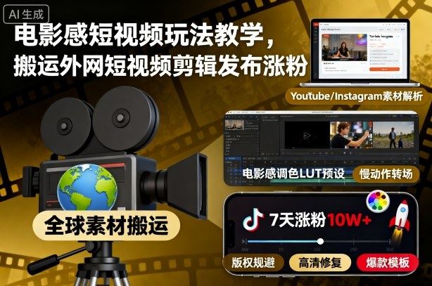 电影感短视频玩法教学，搬运外网短视频剪辑发布涨粉-云创智库