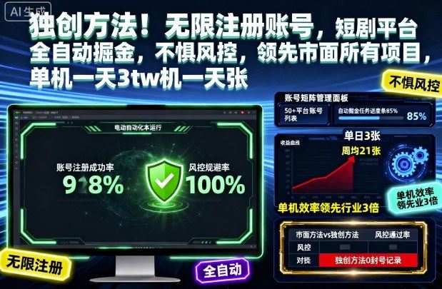 独创方法！无限注册账号，短剧平台全自动掘金，不惧风控，领先市面所有项目，单机一天3张【揭秘】-云创智库