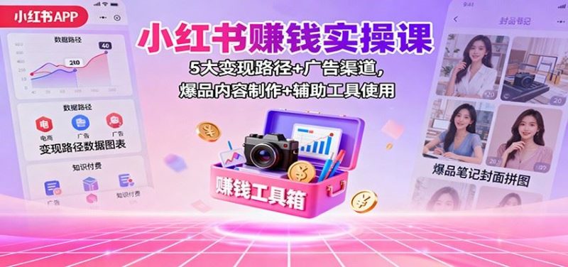 小红书赚钱实操课：5大变现路径+广告渠道，爆品内容制作+辅助工具使用-云创智库