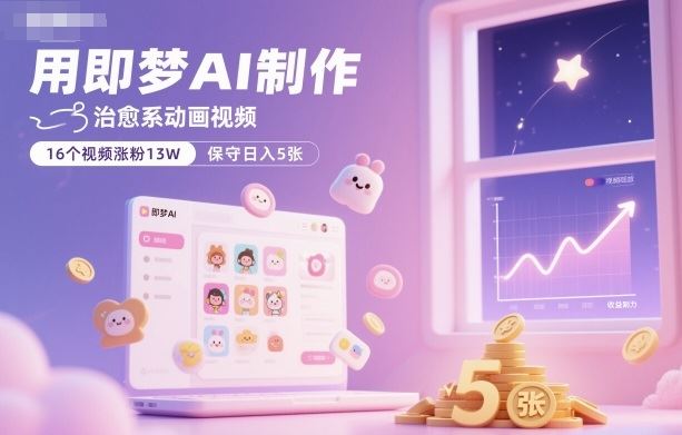 用即梦AI制作治愈系动画视频，16个视频涨粉13W，保守日入5张-云创智库