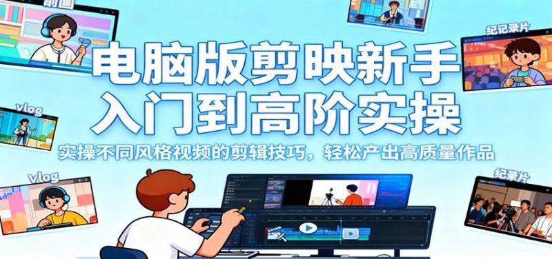 电脑版剪映新手入门到高阶实操，实操不同风格视频的剪辑技巧，轻松产出高质量作品-云创智库