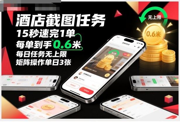 酒店截图任务，15秒速完1单，每单到手0.6米，每日任务无上限，全网首发玩法，矩阵操作单日3张【揭秘】-云创智库