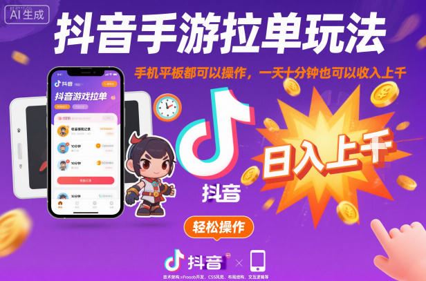 抖音手游拉单玩法，手机平板都可以操作，一天十分钟也可以收入上K【揭秘】-云创智库