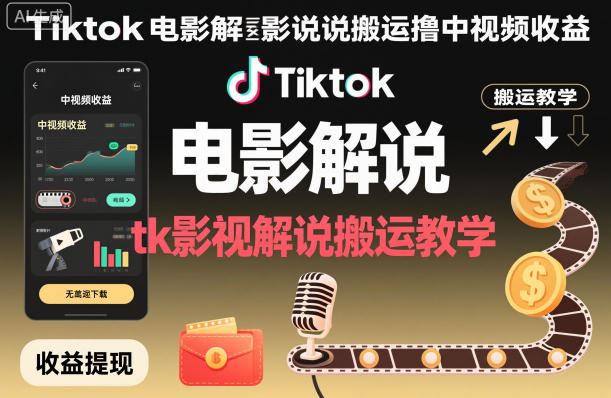 Tiktok电影解说搬运撸中视频收益，tk影视解说搬运教学-云创智库
