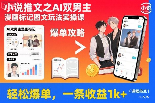 小说推文之AI双男主漫画标记图文玩法实操课，轻松爆单，一条收益1k+-云创智库