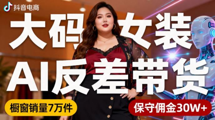 抖音小众赛道，大码女装AI反差带货，不用直播，每天6条作品，橱窗卖7万件，保守佣金30W+-云创智库
