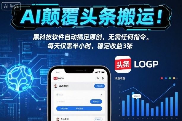 AI颠覆头条搬运！黑科技软件自动搞定原创，无需任何指令。每天仅需半小时，稳定收益3张【揭秘】-云创智库