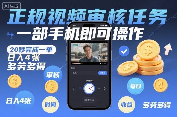 正规视频审核任务，一部手机即可操作，20秒完成一单，日入4张，多劳多得【揭秘】-云创智库
