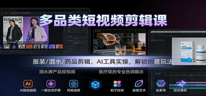 多品类短视频剪辑课：服装/酒水/药品剪辑，AI工具实操，解锁创意玩法-云创智库