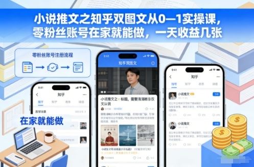 小说推文之知乎双图文从0—1实操课，零粉丝账号在家就能做，一天收益几张-云创智库