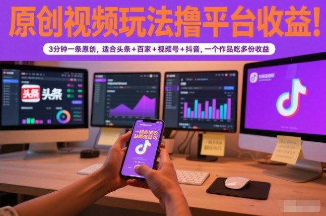 原创视频玩法撸平台收益，3分钟一条原创，适合头条+百家+视频号+抖音，一个作品吃多份收益-云创智库