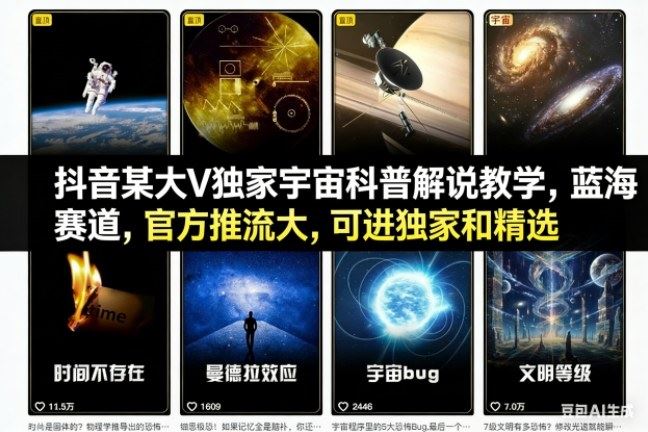 抖音某大V独家宇宙科普解说教学，蓝海赛道，官方推流大，可进独家和精选-云创智库